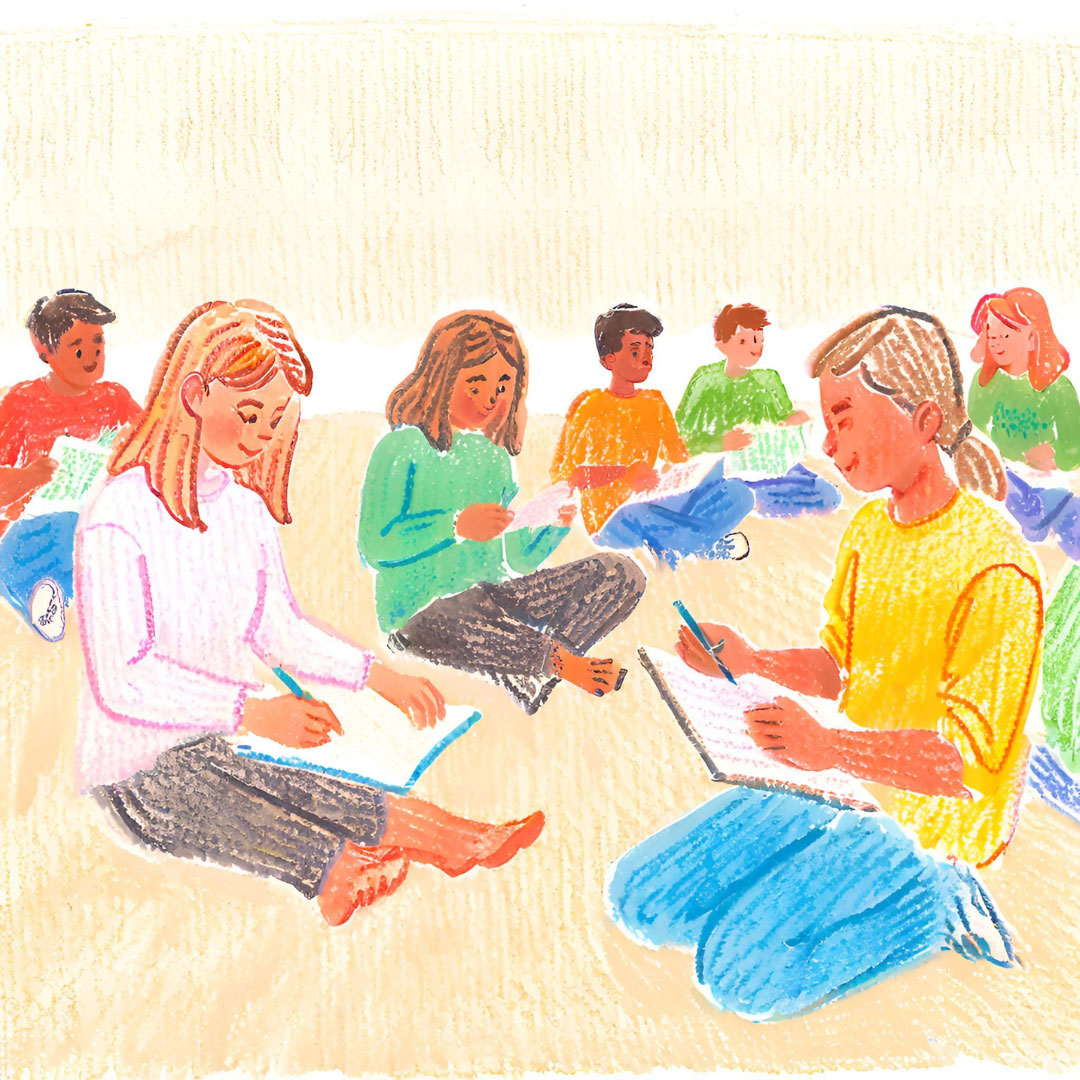 Eine Buntstiftzeichnung einer Gruppe von Menschen, die beieinander sitzen und Notizen aufschreiben