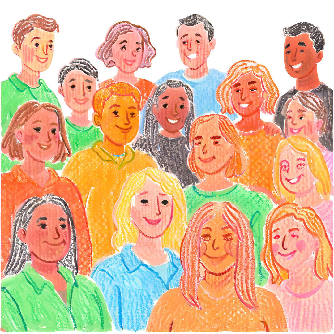 Eine Buntstiftzeichnung einer Gruppe von diversen Menschen verschiedener Hautfarbe, die fröhlich lächeln
