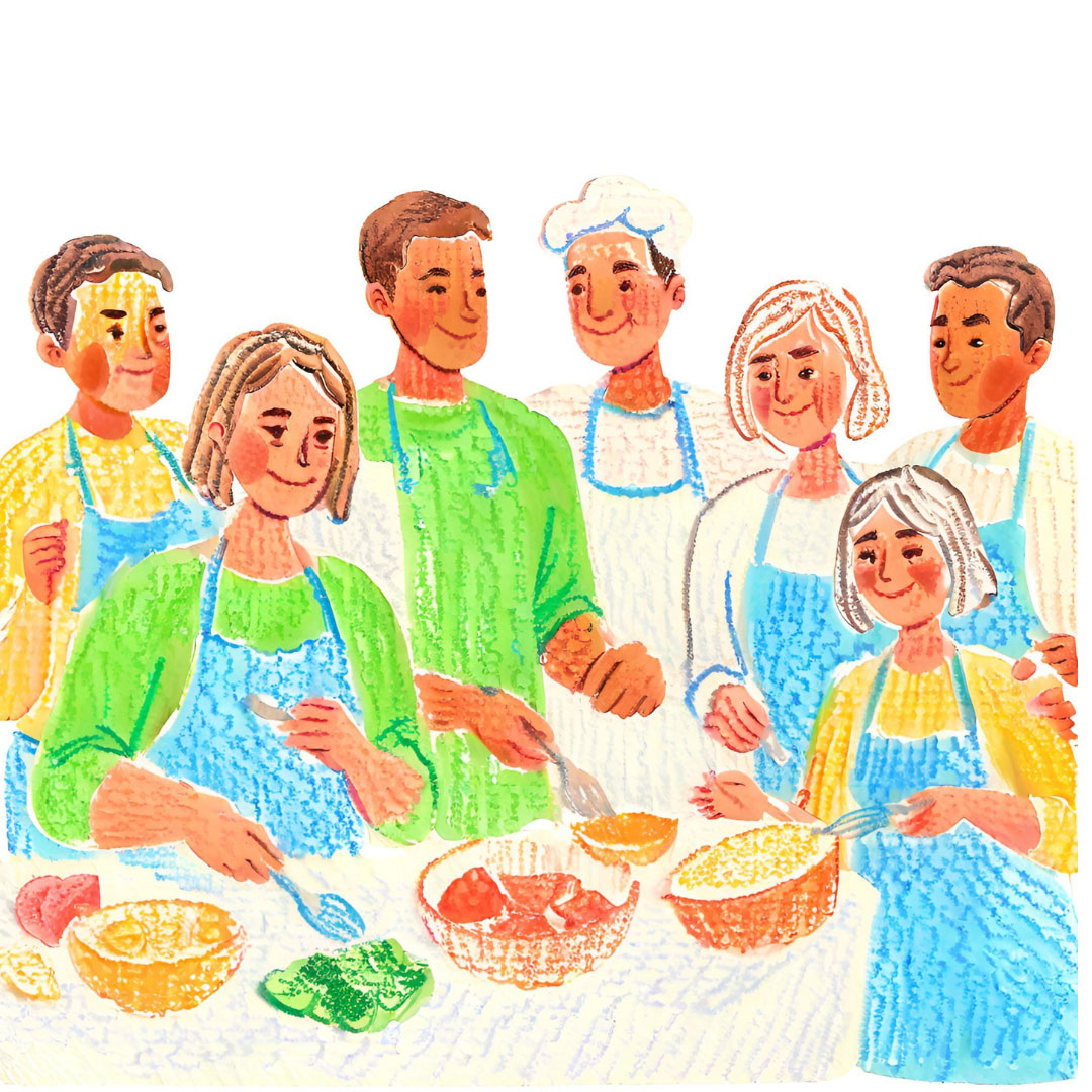 Eine Buntstiftzeichnung einer Gruppe von Menschen, die gemeinsam ein großes Essen zubereiten