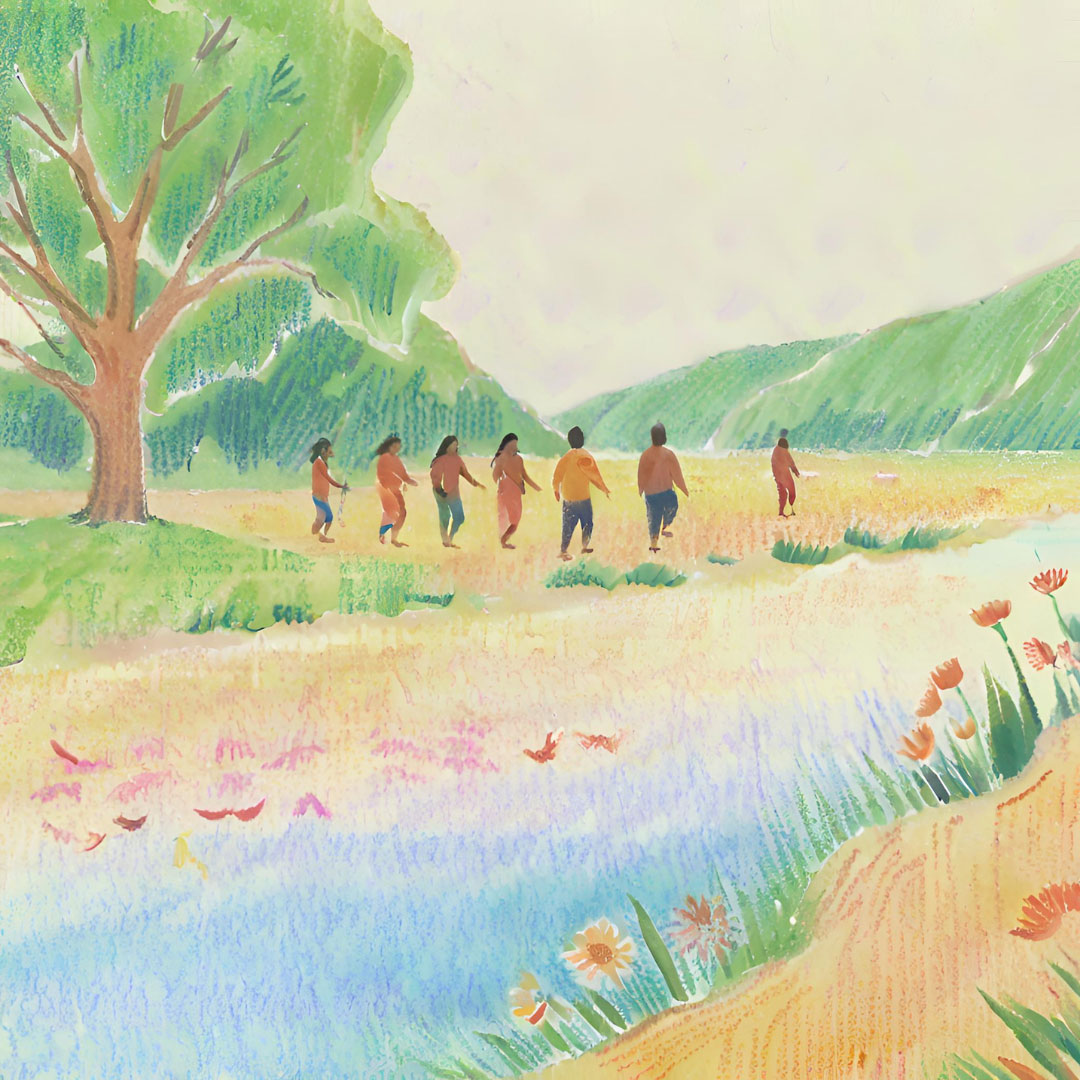 Eine Buntstiftzeichnung eines unberührten Stücks Natur, in der sich eine Gruppe von Menschen vorsichtig bewegt