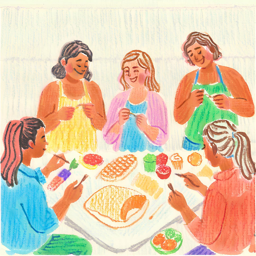 Eine Buntstiftzeichnung einer Gruppe fröhlicher Menschen, die gemeinsam am Tisch sitzen, reden und essen