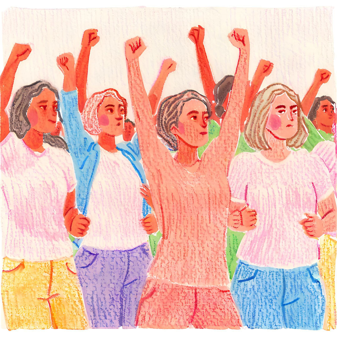 Eine Buntstiftzeichnung einer Gruppe von mehreren Menschen, die fordernd die Arme erheben